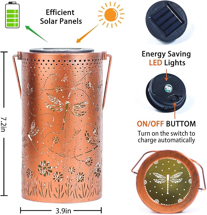 2 Pack Dragonfly Outdoor Solar Hanging Lanterns Waterproof LED Solar Lights - Image 6