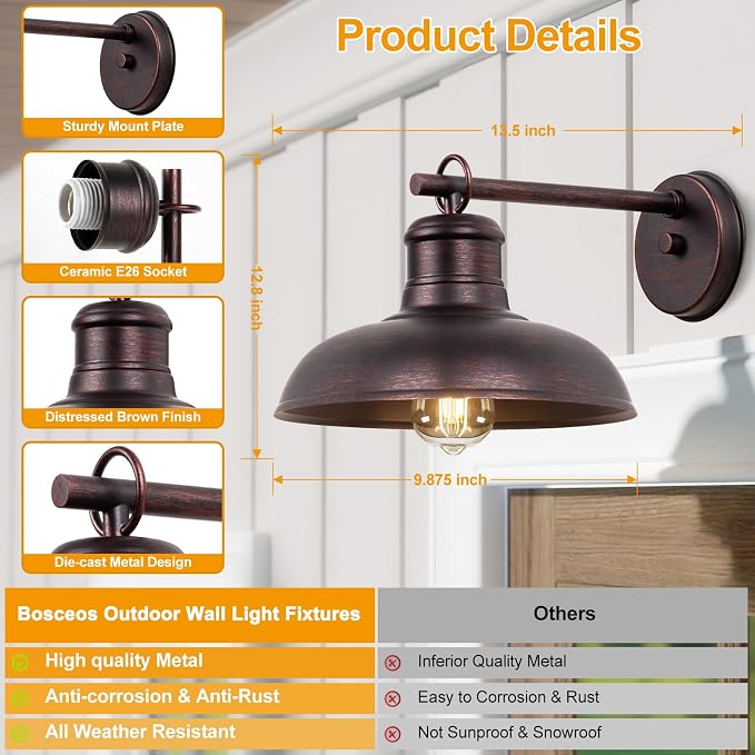 Bosceos Outdoor Wall Lights 2 Pack, Farmhouse Barn Light, Vintage Outside Wall - Image 2