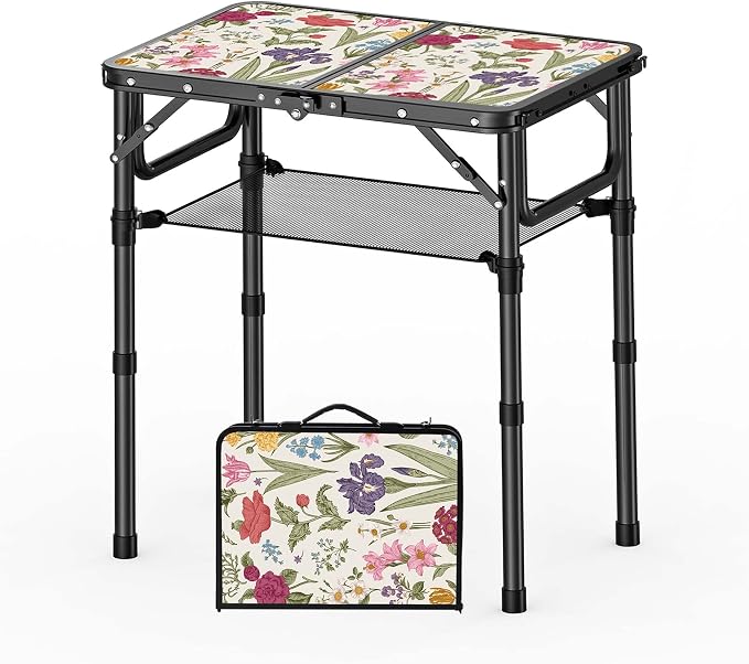 Small Camping Table, Vintage French Flowers Pattern Folding Table, Adjustable by YihuiKo