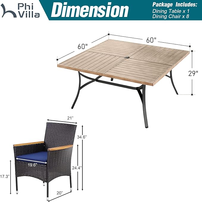 PHI VILLA 9 Pieces Patio Square Dining Set - Image 8