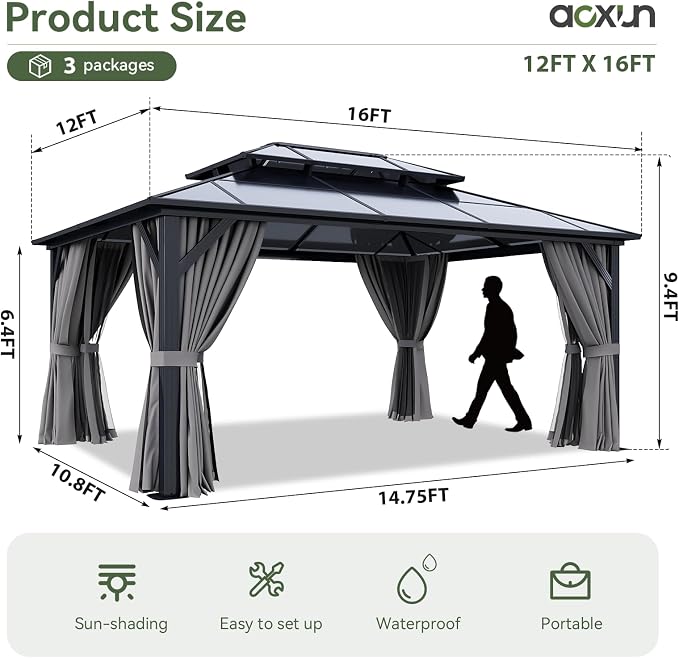 Aoxun 12'x16' Hardtop Gazebo, Aluminum Frame Permanent Pavilion - Image 4