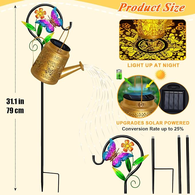 Solar Watering Can Lights Outdoor Garden Decor, Large Butterfly Hanging Lantern - Image 7