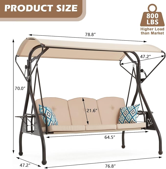 800LBS Patio Swing with Canopy 3 Seat Outdoor Porch Swing with Stand w/Cup - Image 6