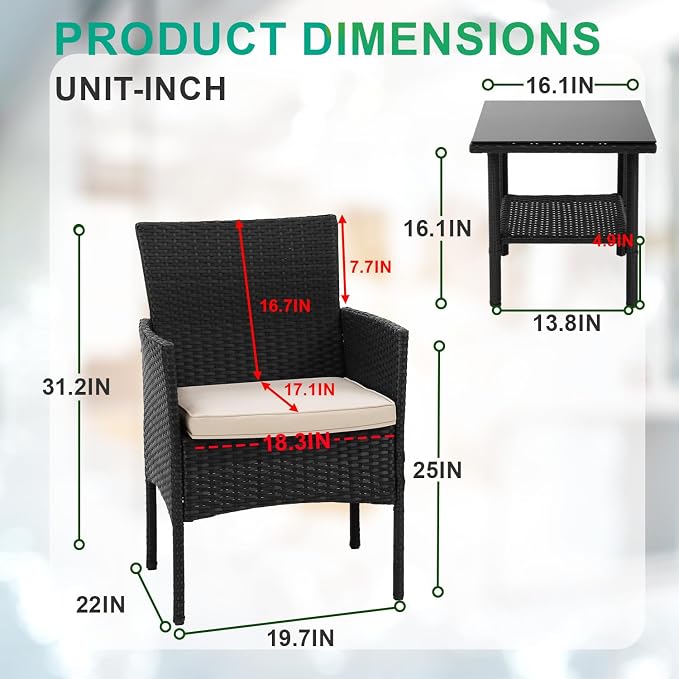 FDW 3 Pieces Patio Furniture Set Outdoor Wicker Bistro Sets Modern Rattan Chair - Image 7