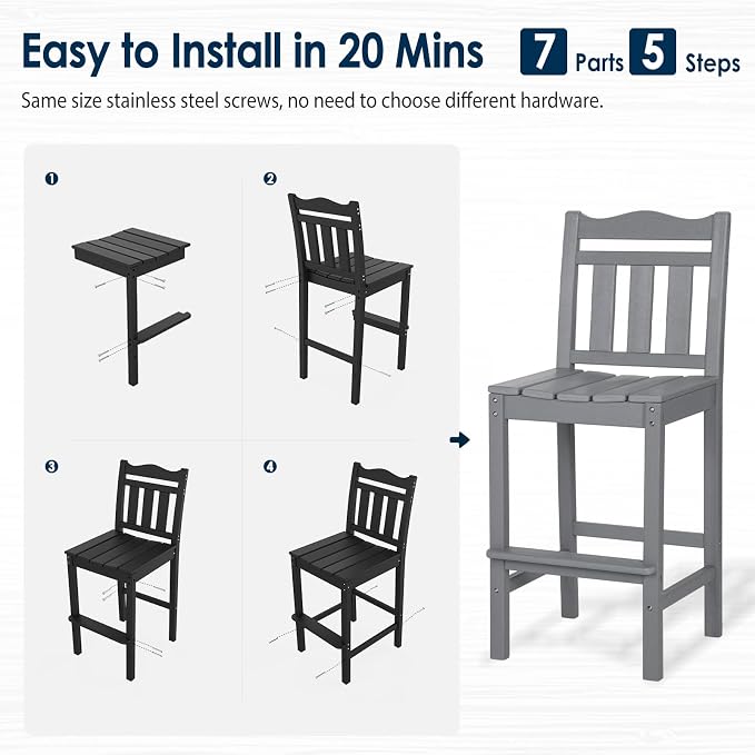 nalone Outdoor Bar Stool, HDPE Tall Adirondack Chair Bar Chair, Weather - Image 6