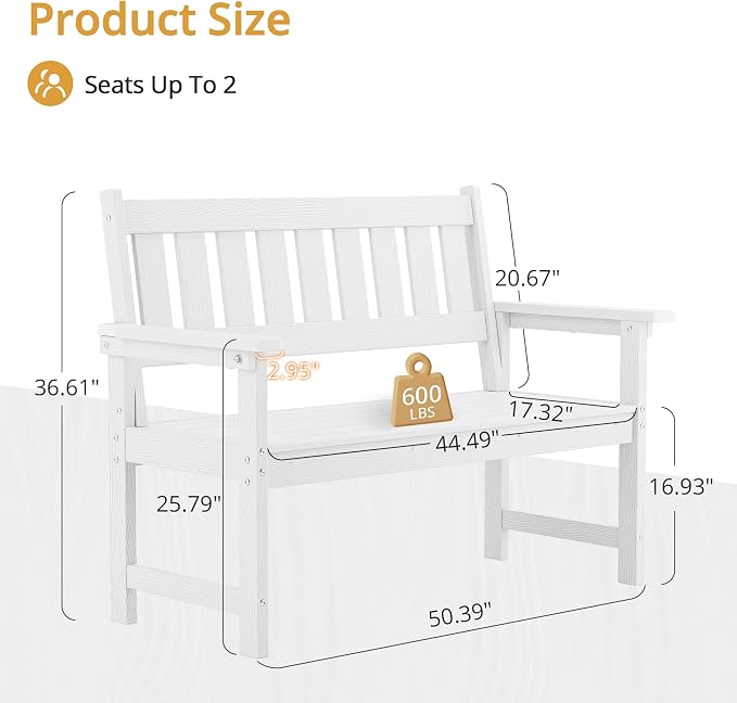 LUE BONA Outdoor Bench, 2-Person HDPS Garden Bench, Outdoor Benches Weatherproof - Image 3