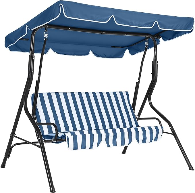Outdoor Porch Swing Chair with Adjustable Canopy & Striped Seat Cushion by Garvee