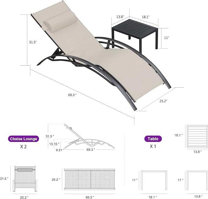 PURPLE LEAF Patio Chaise Lounge Set of 3 Outdoor Lounge Chair Beach Pool - Image 2