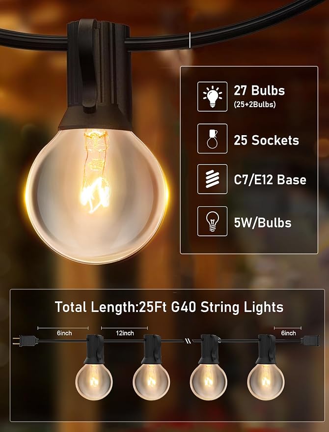 25FT String Lights, G40 Outdoor String Lights Edison Light Bulbs Clear Globe - Image 2
