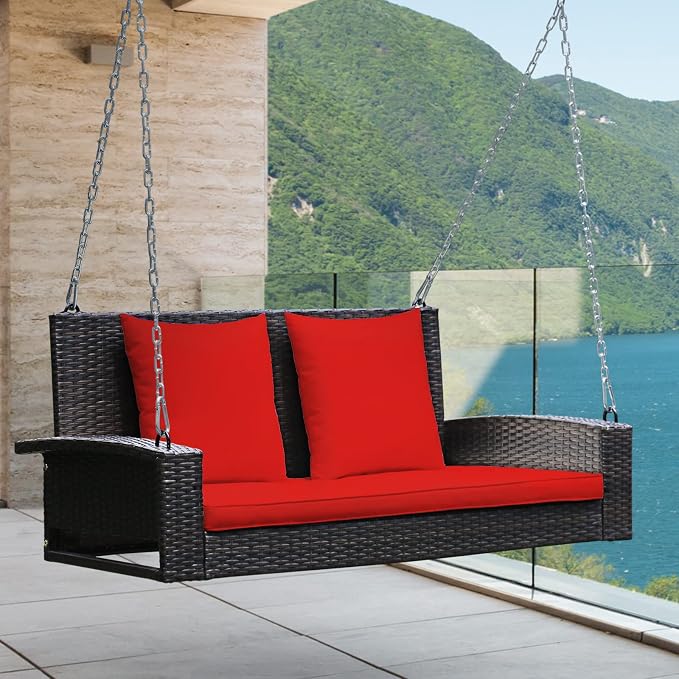 RELAX4LIFE Porch Swing 2-Seat Patio Rattan, Wicker Porch Swings Outdoor W/Two - Image 2