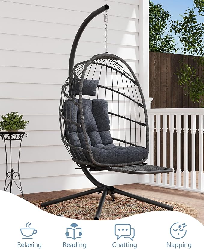 SWITTE Egg Chair Outdoor with Footrest & Stand, Indoor Wicker Hanging Egg Swing - Image 6
