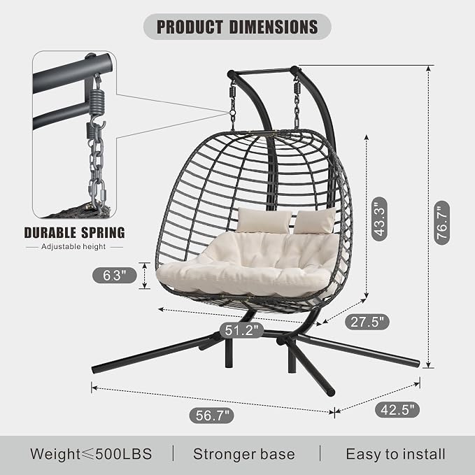 Double Hanging Egg Chair wth Stand, Patio Hammock Swing Chair - Image 2