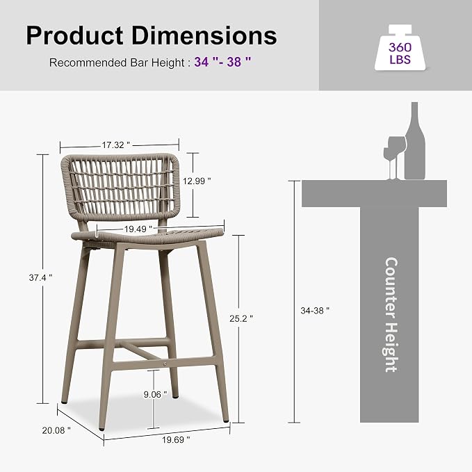 PURPLE LEAF Patio Counter Height Bar Stools Set of 2 Metal Bar Chairs - Image 2