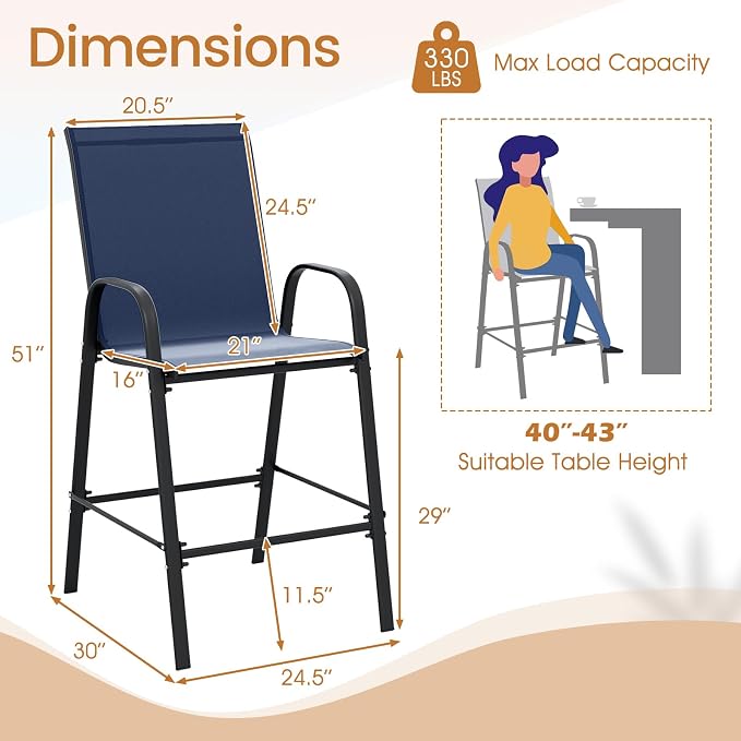 Tangkula Outdoor Bar Stools Set of 4, Enlarged Seat & Metal Frame, Tall Patio - Image 3