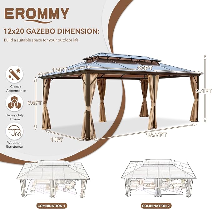 EROMMY 12' x 20' Gazebo Polycarbonate Double Roof Canopy - Image 3