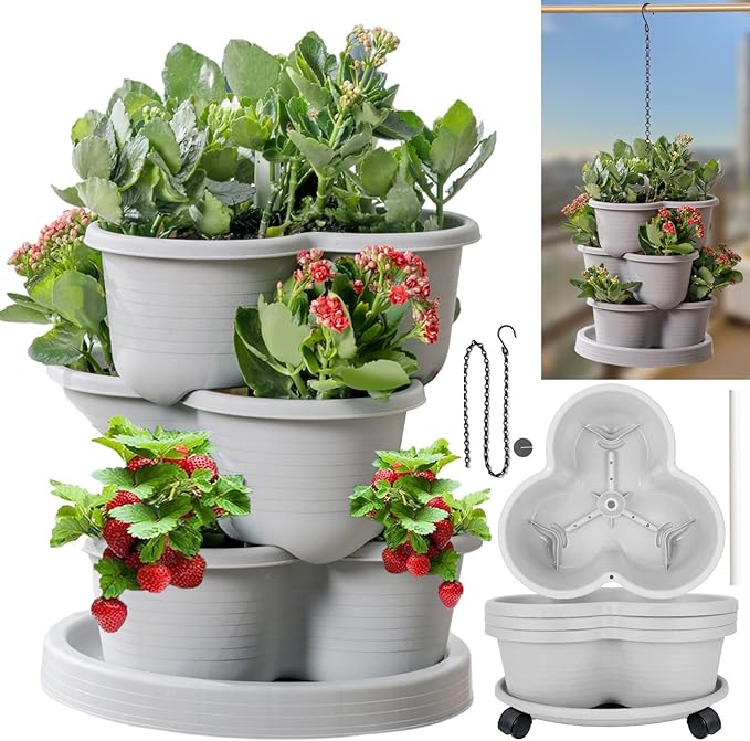 Vertical Strawberry Planter 3 Tier Hanging Vertical Gardening Stackable Planter by Birheatry