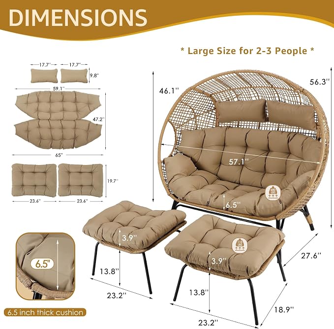 NICESOUL Double Egg Chair with Footstools & Cushions, Oversized Wicker Boho - Image 2
