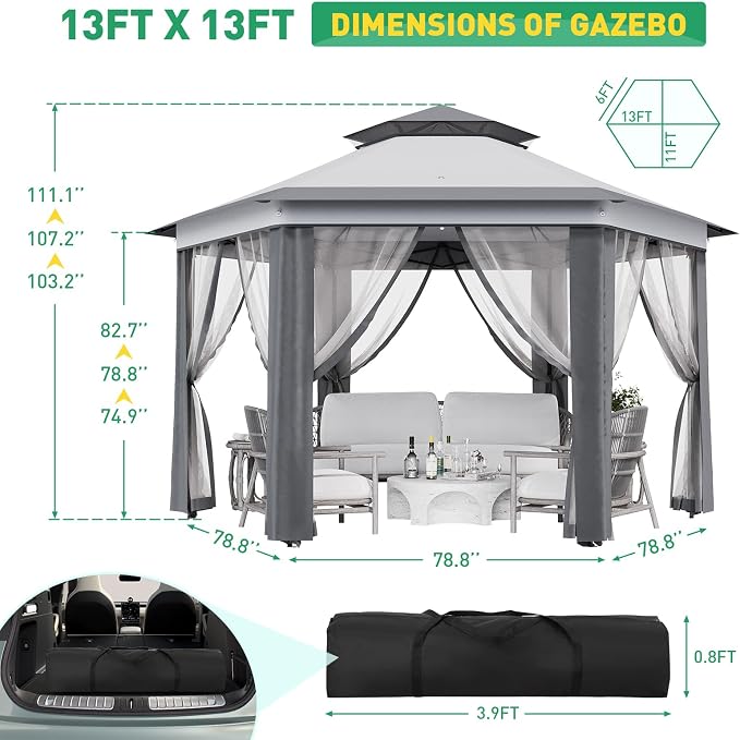 13' x 13' Pop-Up Gazebo, Hexagonal Canopy Shelter - Image 7