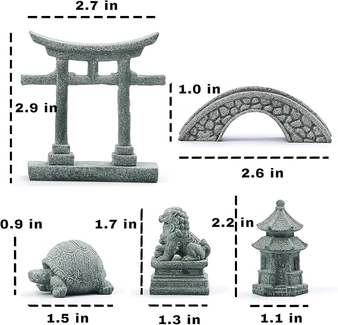 6 PCS Mini Zen Garden Accessories, Miniature Garden Bridge Foo Dogs Torii Gate - Image 2