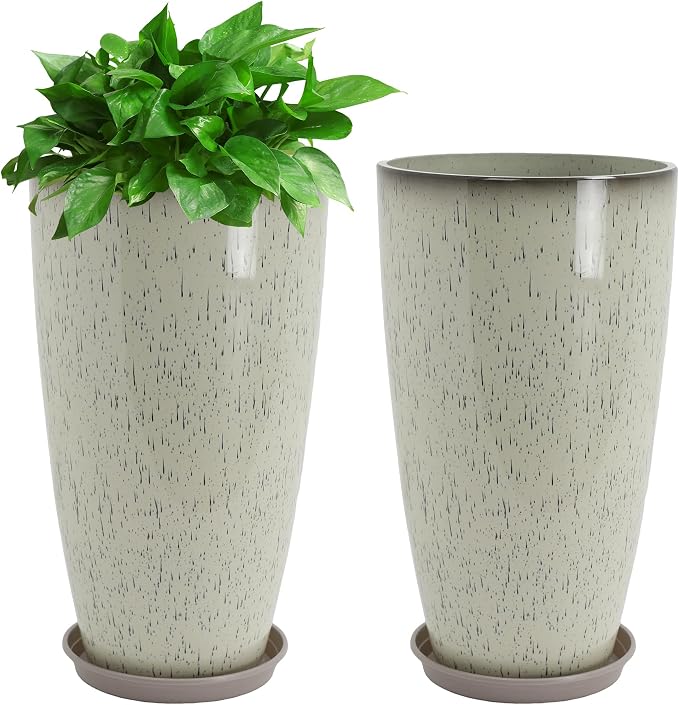 Set of 2 Lightweight Ceramic-Look Tall Planter, 21 inch Large Plastic Planter by Neoaider