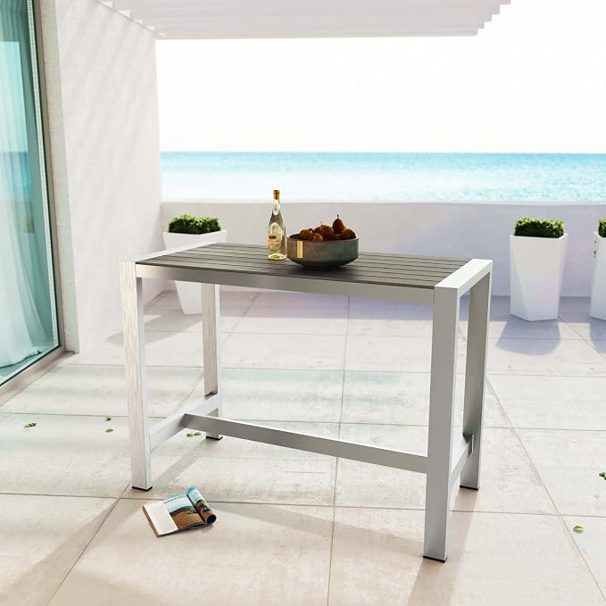 Modway Shore Aluminum Outdoor Patio 60" Rectangle Bar Table in Silver Gray - Image 2