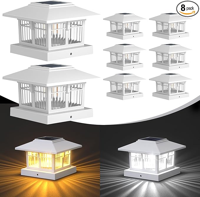EXCMARK 4x4 Solar Post Cap Lights, 8 Pack Fence Deck Post Lights Outdoor Solar by ExcMark