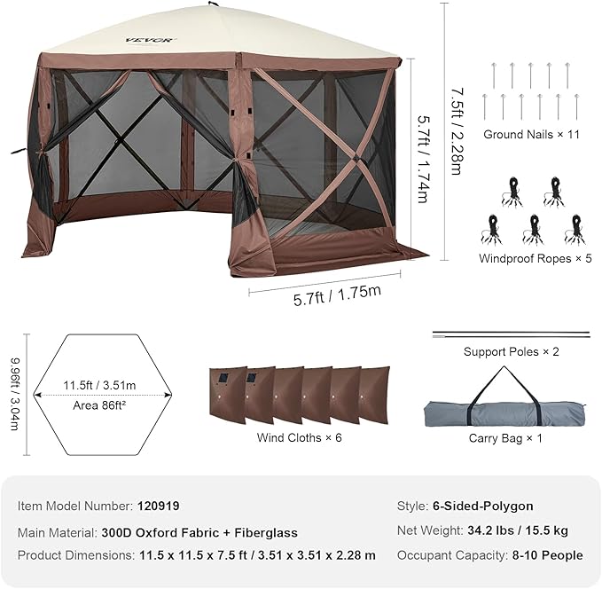 VEVOR Pop Up Gazebo Screen Tent 6 Sided Canopy Sun Shelter - Image 7