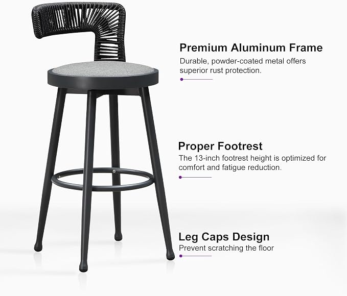 PURPLE LEAF Outdoor Swivel Bar Height Stools Set of 2 Metal Modern Wicker Bar - Image 7