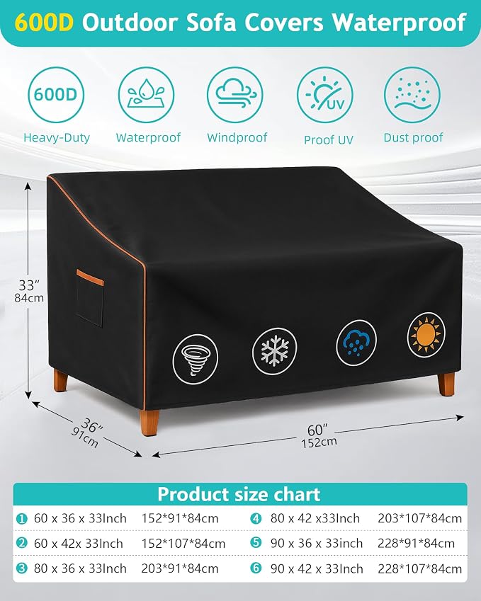 Outdoor Sofa Cover, Waterproof Patio Furniture Cover 60W x 36D x 33H inches - Image 3