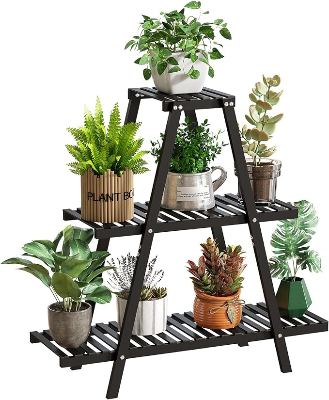 GHWIE Plant Stand Indoor Plant Shelf Outdoor bamboo Plant Rack, 3 Tiers Ladder by GHWIE