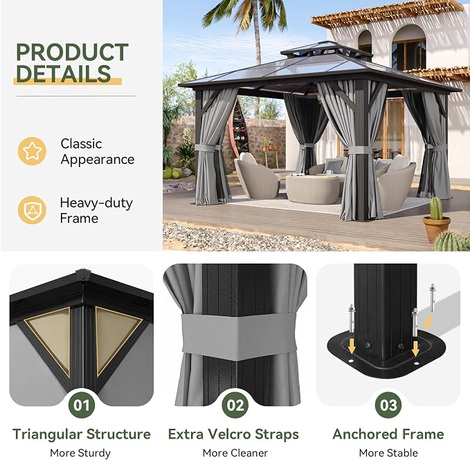 Aoxun 12'x12' Hardtop Gazebo, Aluminum Frame Permanent Pavilion - Image 6