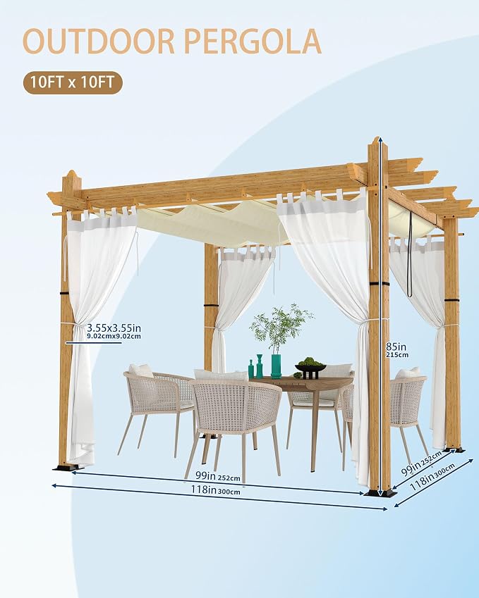 10x10 Ft Outdoor Pergola with Retractable Canopy Metal Gazebo Imitation - Image 6