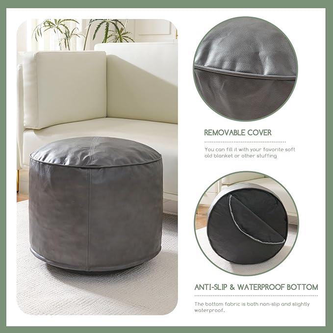 HIGOGOGO Round Stuffed Pouf Ottoman, Pu Leather Poufs - Image 4
