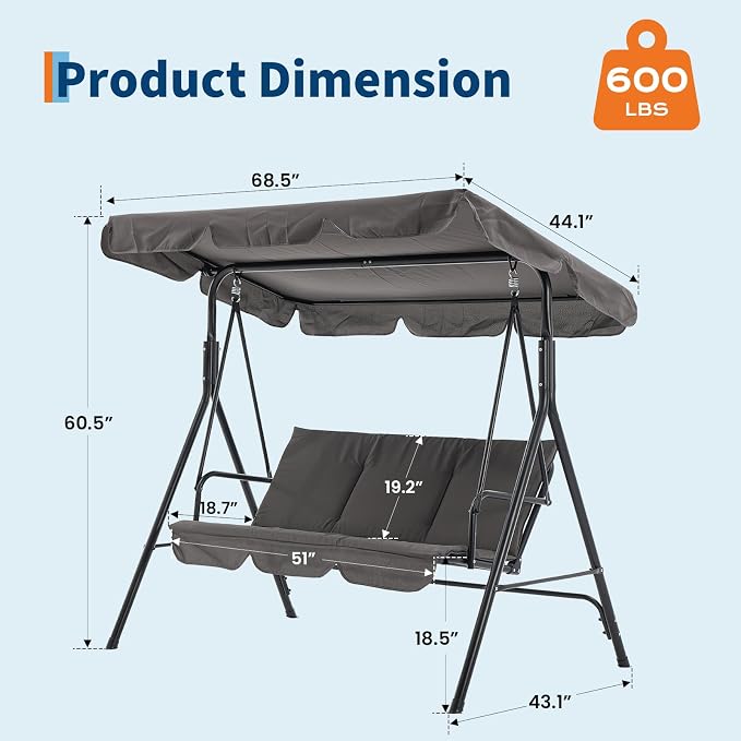 3 Person Porch Swing Chair, Outdoor Patio Swing Chair - Image 3