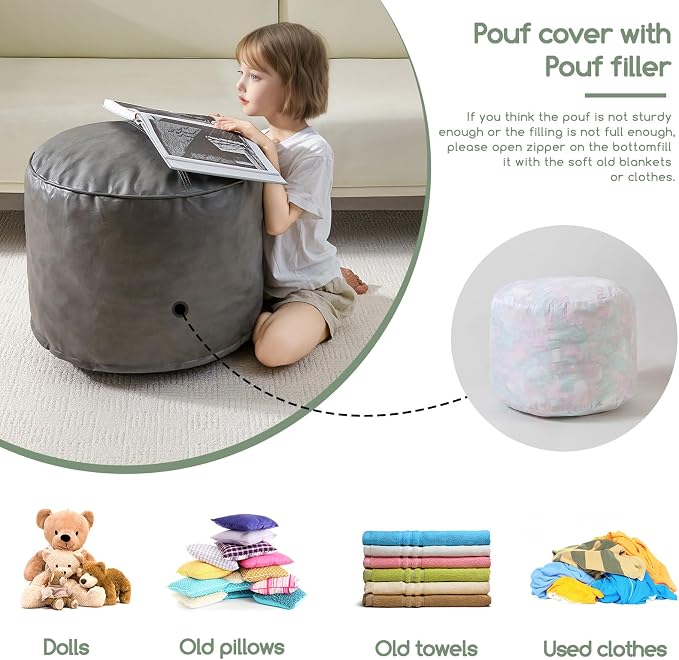 HIGOGOGO Round Stuffed Pouf Ottoman, Pu Leather Poufs - Image 3