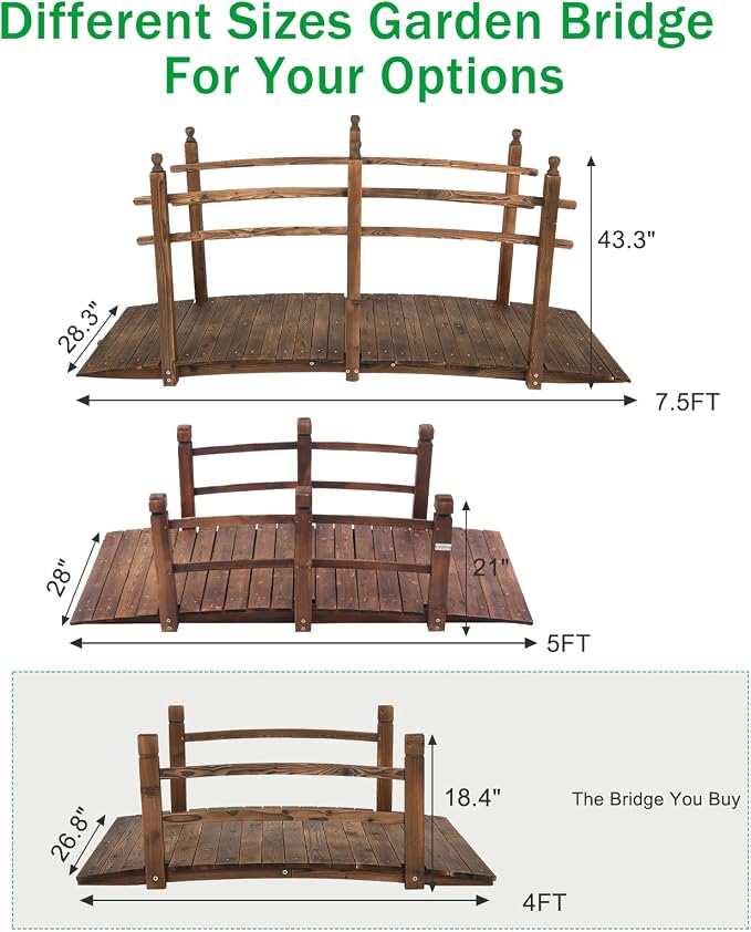 VINGLI 4 ft Garden Bridge, Arch Walkway Wooden Bridge - Image 6