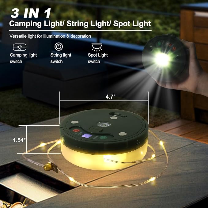 SMY Lighting 3 in 1 Camping String Light Rechargeable, Warm White Portable - Image 4