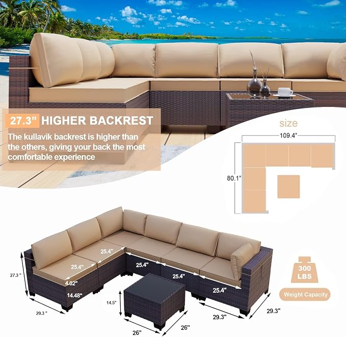 Kullavik 7 Pieces Outdoor Patio Furniture Set PE Wicker Rattan Sectional Sofa - Image 6
