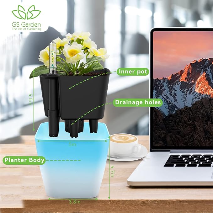 Self Watering Planters for Indoor Plants : 5 inch 3 Pack Gradient Blue Planter - Image 2