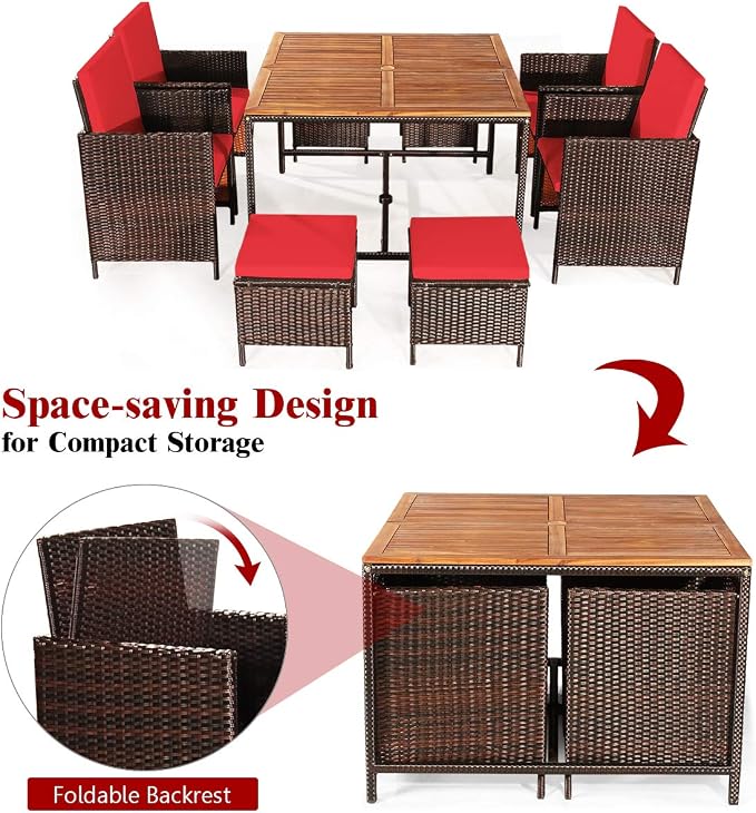 Tangkula 9 Pieces Acacia Wood Patio Dining Set, Space Saving Wicker Chairs and - Image 6
