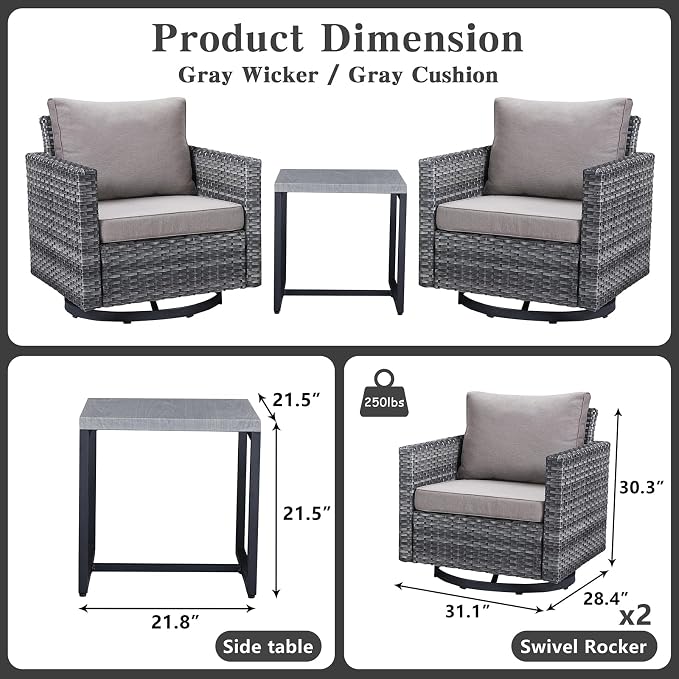 Belord Outdoor Bistro Set 3 Piece Wicker Swivel Rocker Patio Chairs, Oversize - Image 2