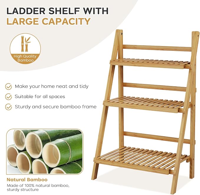39.4" Foldable Plant Shelf Ladder Shelf, 3 Tier Bamboo Ladder Flower Pot - Image 5