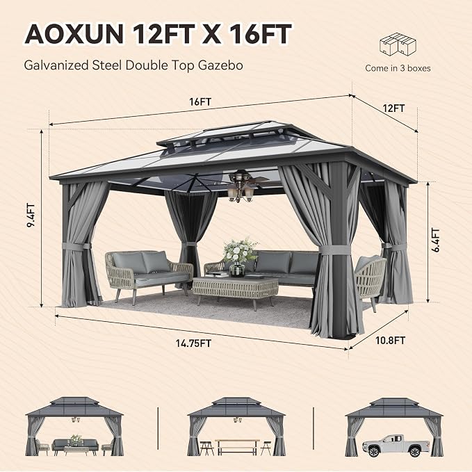 Aoxun 12'x16' Hardtop Gazebo, Outdoor Metal Gazebo - Image 2