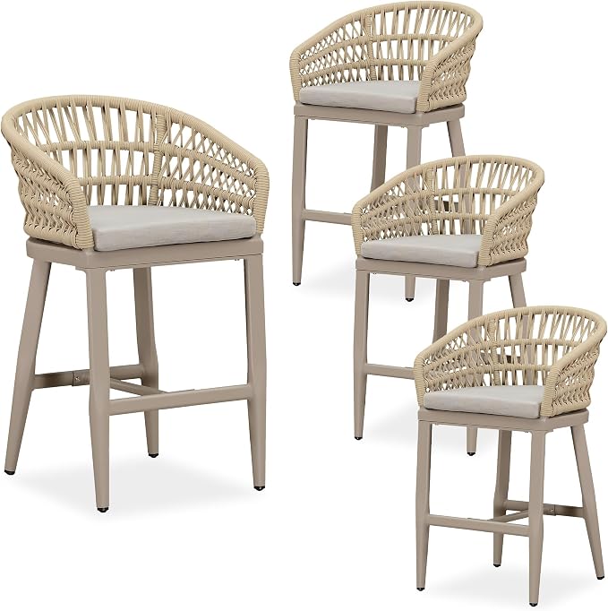 PURPLE LEAF Outdoor Rattan 24" Counter Height Bar Stools Set of 4, Aluminum Bar by PURPLELEAF