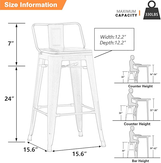 Yongchuang 24 inch Bar Stools Set of 4 Metal Counter Height Bar Stools - Image 3
