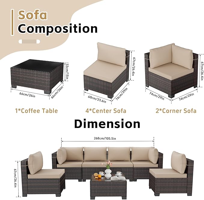 LEVELEVE 7 Pieces Outdoor Patio Furniture Sets, Rattan Conversation Sectional - Image 2