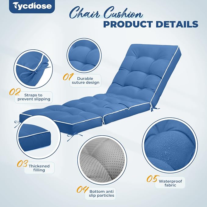 Outdoor Chaise Lounge Chair Cushion, Waterproof Non-Slip Patio Chaise Lounge - Image 5
