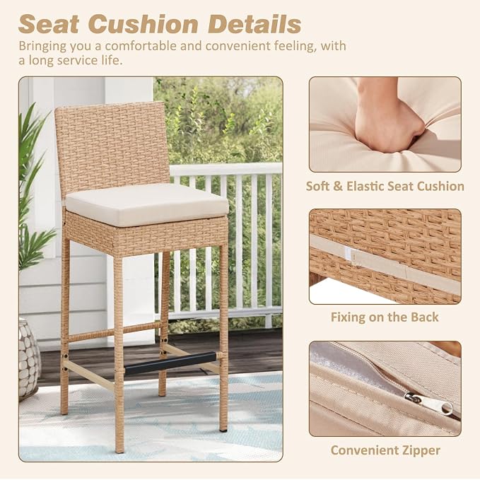 ECOTOUGE Outdoor Bar Stools, Wicker Woven Patio Stools & Patio Bar Chairs - Image 4