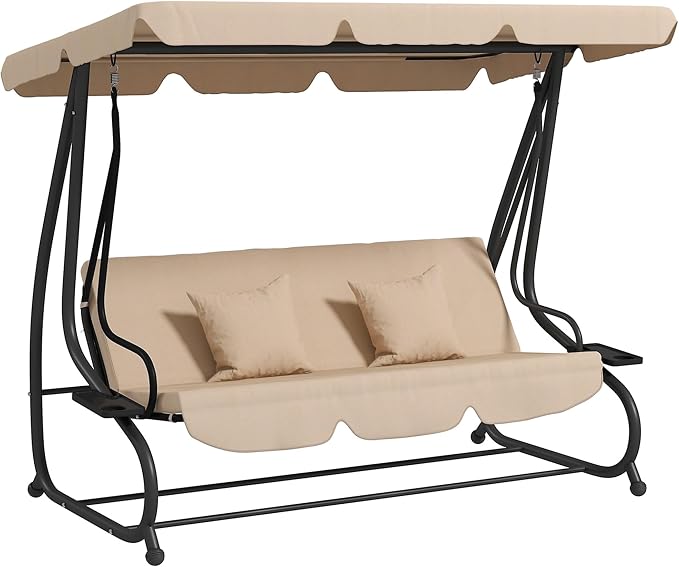Outsunny 3-Seat Outdoor Patio Swing Chair, Converting Flatbed, Outdoor Swing by Outsunny