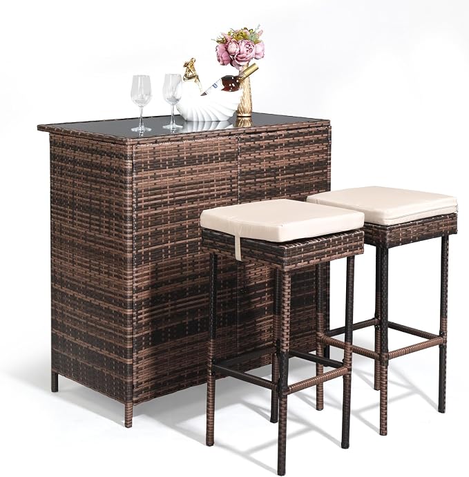Outvita Outdoor Bar Table, 3 Piece Rattan Patio Bar Set by Outvita